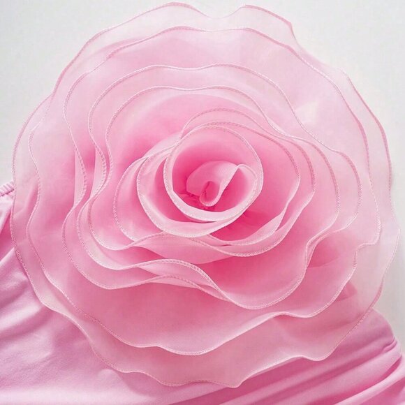 Pink Casual Women's Solid Color Pleated And 3D Flower Decorated Strapless Dress - Picture 6 of 6